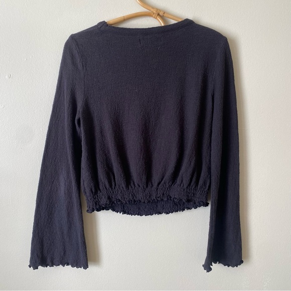 Madewell Black Grey Texture & Thread Smocked Bell Sleeve Top - Picture 4 of 5